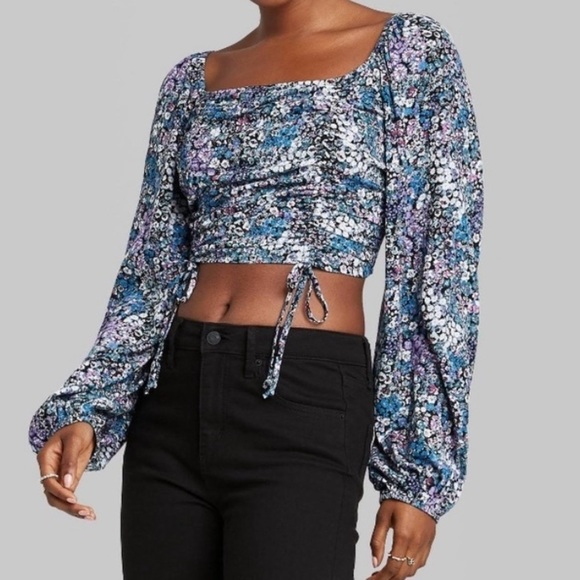 Wild Fable Square Neck Cottagecore Ditsy Blue Purple Drawstring Cropped Blouse - Picture 1 of 15